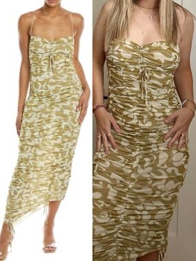 NWT Nicholas The Label Maisie Midi Olive Green Swirl Print Ruched Dress